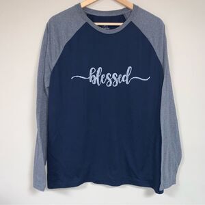 GEORGE Graphic Tee Womens XL Navy Henley Raglan Blessed Print Long Sleeve Casual